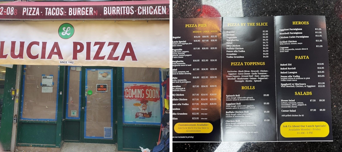 Lucia Pizza Menu